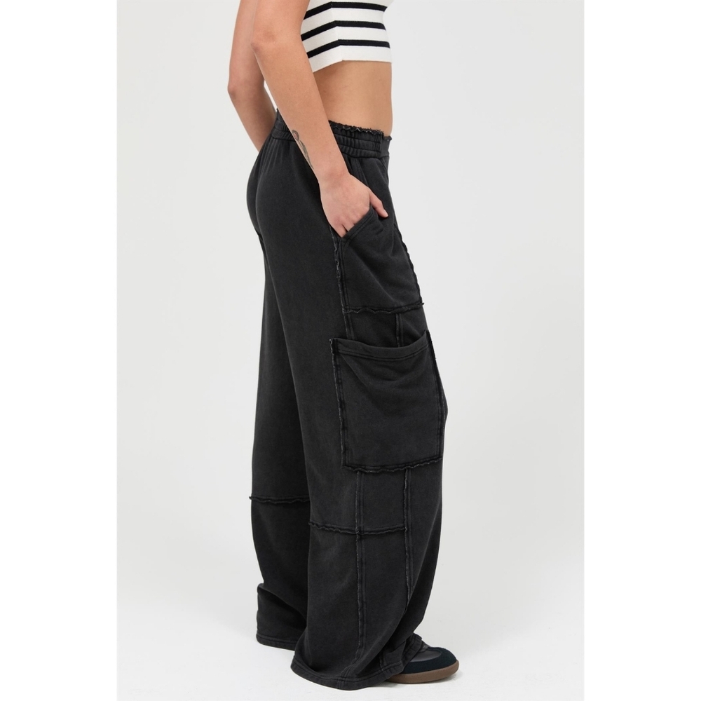 CloudDweller Black Mineral Washed Cotton Butter Soft Wide Leg Cargo Sweatpants - Picture 4 of 8